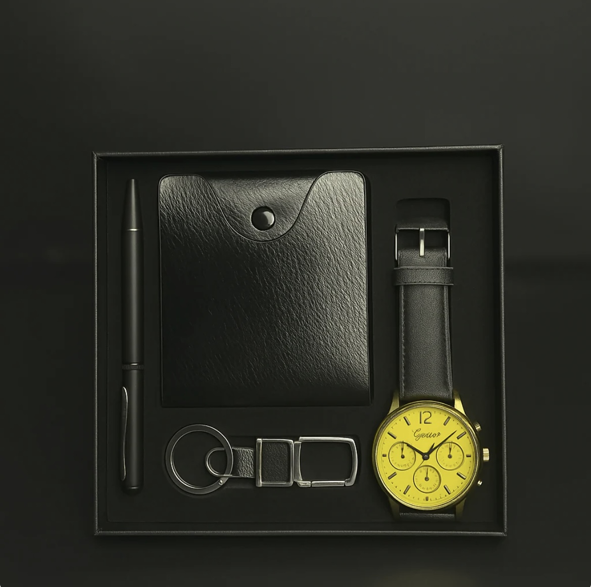 Premium Men's Gift Set With Yellow Dial Watch And Accessories