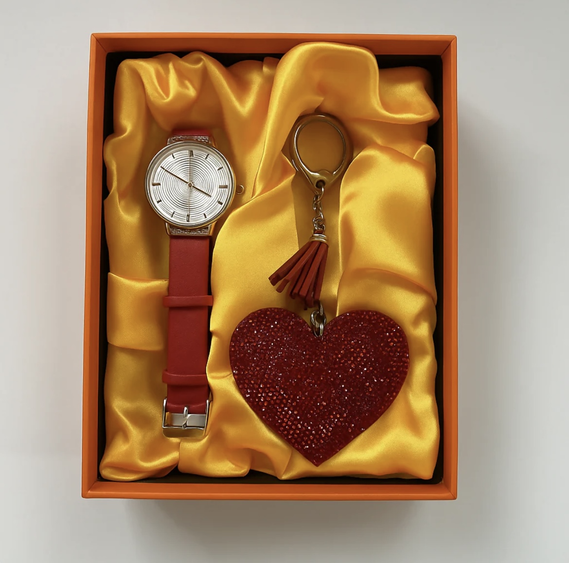 Romantic Gift Set For Women - Stylish Red Watch & Glitter Heart Keychain In Gift Box